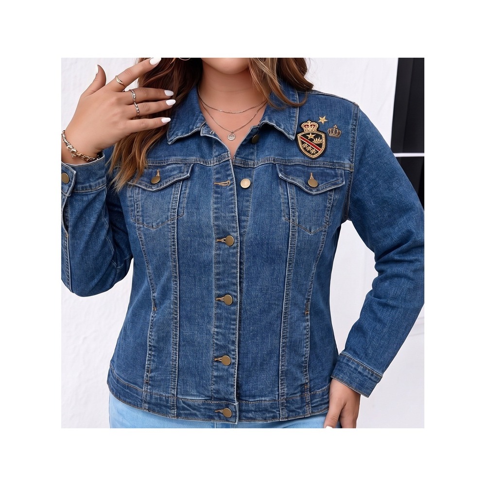 Charter Club Womens Denim Jacket L Crest Patch Blue Jean Stretch Casual Preloved